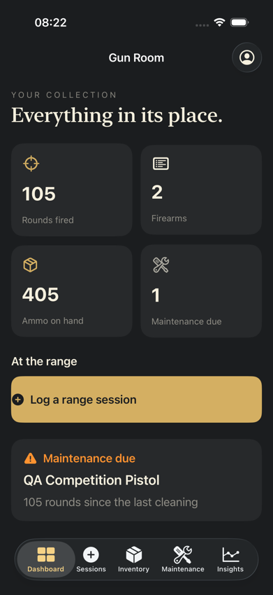 Gun Room iPhone dashboard with firearm count, ammunition stock, round counts, and maintenance due. Sample data.