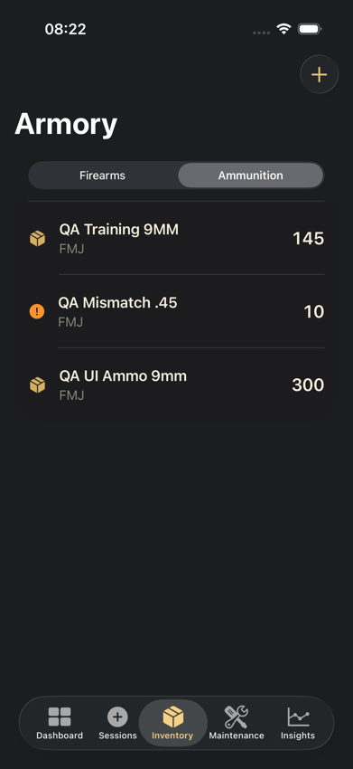 Gun Room inventory screen showing sample firearms and ammunition.